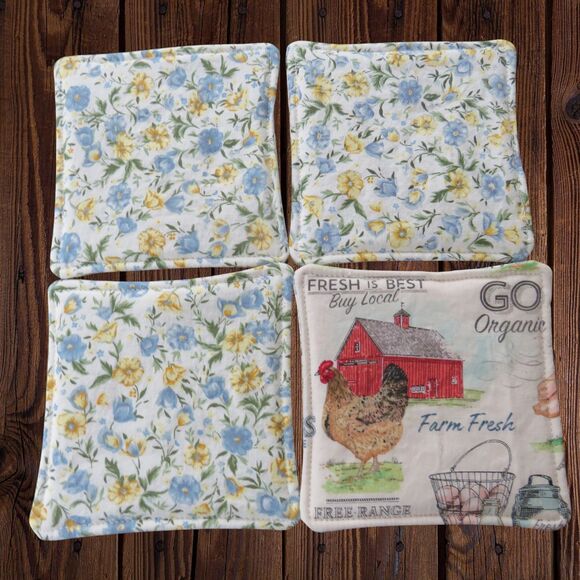 Fabric Coasters, Set Of 4, Farm Animal Reversible Country Floral Mug Rugs - Picture 6 of 9